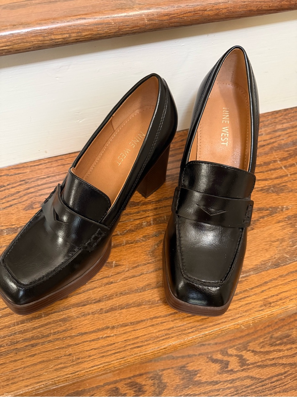 Nine West Black Leather Block Heel Penny Loafer Mary Jane Pumps Sz 8 Platform - Picture 10 of 13